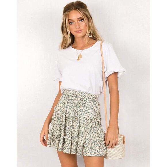 Alelly Woman’s sz L Daisy Print Green Mini Skirt Rayon Cotton Drawstring Beach - Picture 1 of 11
